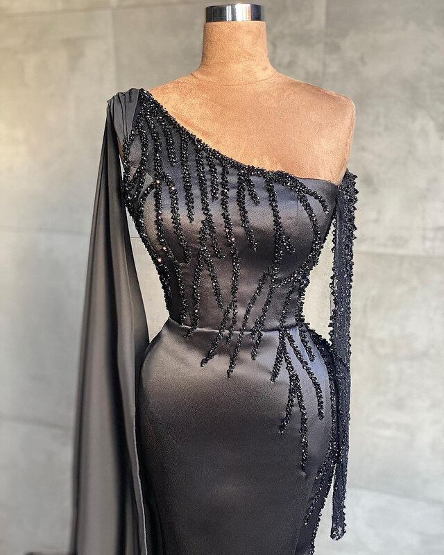 Elegante vestido de fiesta de sirena para mujer, vestido de noche negro de manga larga con un hombro dividido y lentejuelas, talla grande, personalizado