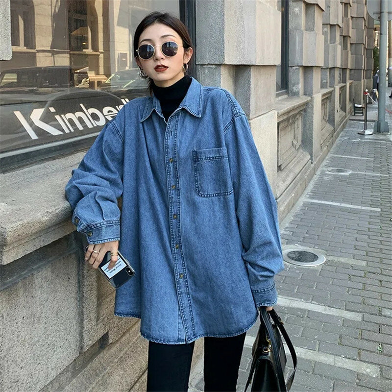 Blue Jean เสื้อผู้หญิงเสื้อผ้าหลวมปุ่ม Denim เสื้อเกาหลีสวมใส่หญิงฤดูใบไม้ร่วงฤดูใบไม้ผลิ2022เสื้อใ...