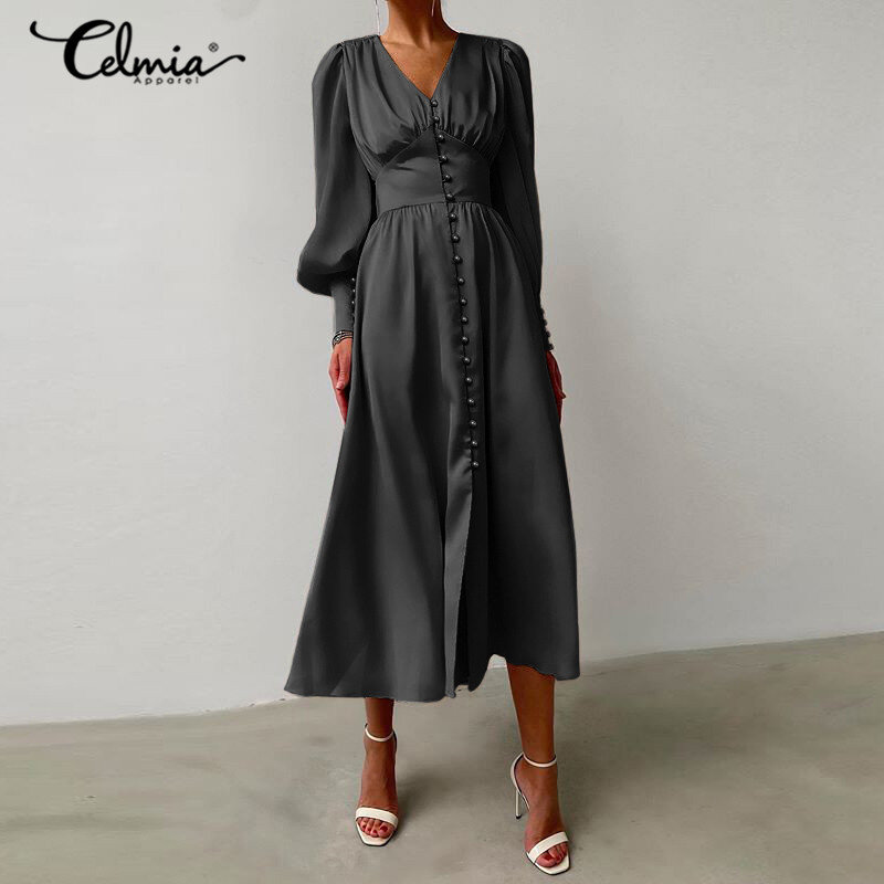 Celmia Vintage ซาตินสูงเอวชุดผู้หญิงพัฟ Midi Sundress เซ็กซี่ V คอปุ่ม Evening Party Dresses