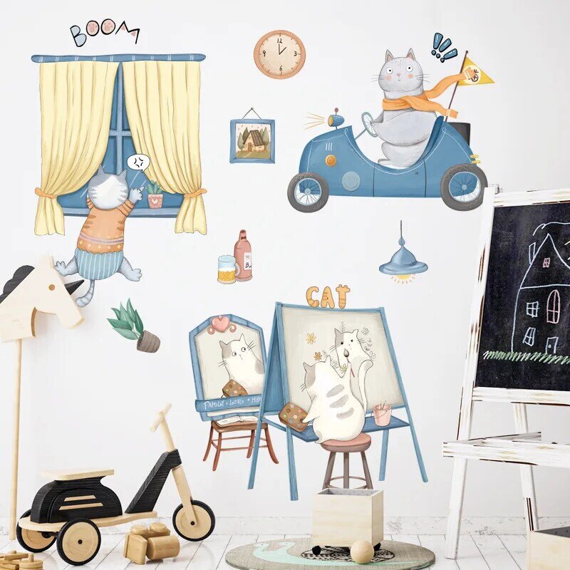 Pegatinas de pared de gato de dibujos animados para Calcomanía para habitación de niños, papel tapiz de mariposa, Gato bonito, decoración del hogar, pegatinas de inodoro, pegatina de decoración para dormitorio