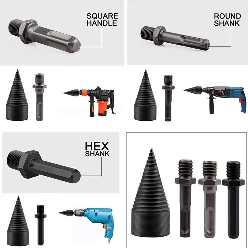 32mm/42mm Firewood Splitter Drill Wood Cone Reamer Punch Driver Drill Bit Split Drilling Tools with Round&Hex&Triangle Shank
