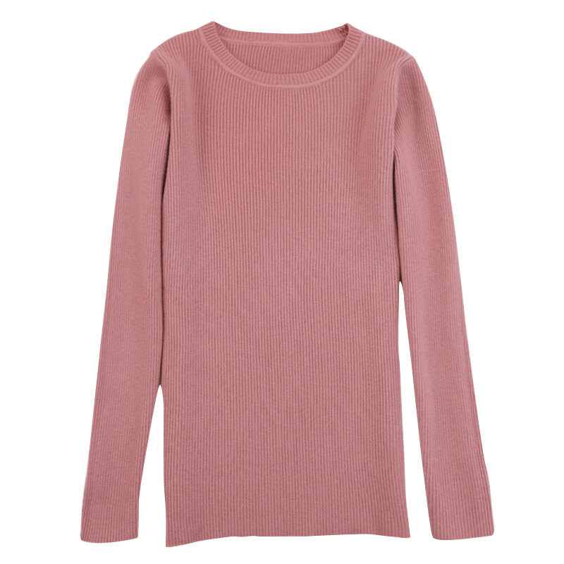Round neck sweater women's slim thick low-neck long-sleeved autumn and winter short tight-fitting solid color pullover sweater