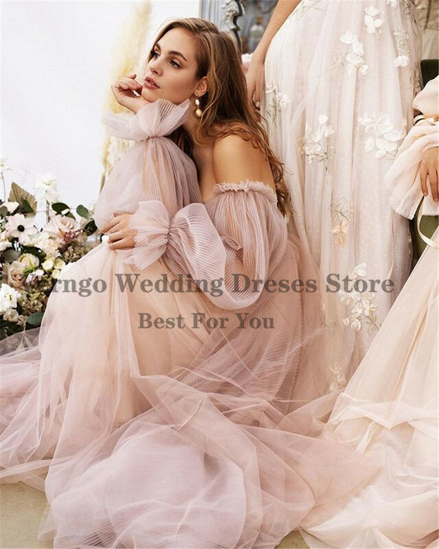 Verngo Dusty różowy tiul linia Sweetheart suknia ślubna z odpinanymi długimi rękawami Puff ogród kraj 2021 suknie ślubne