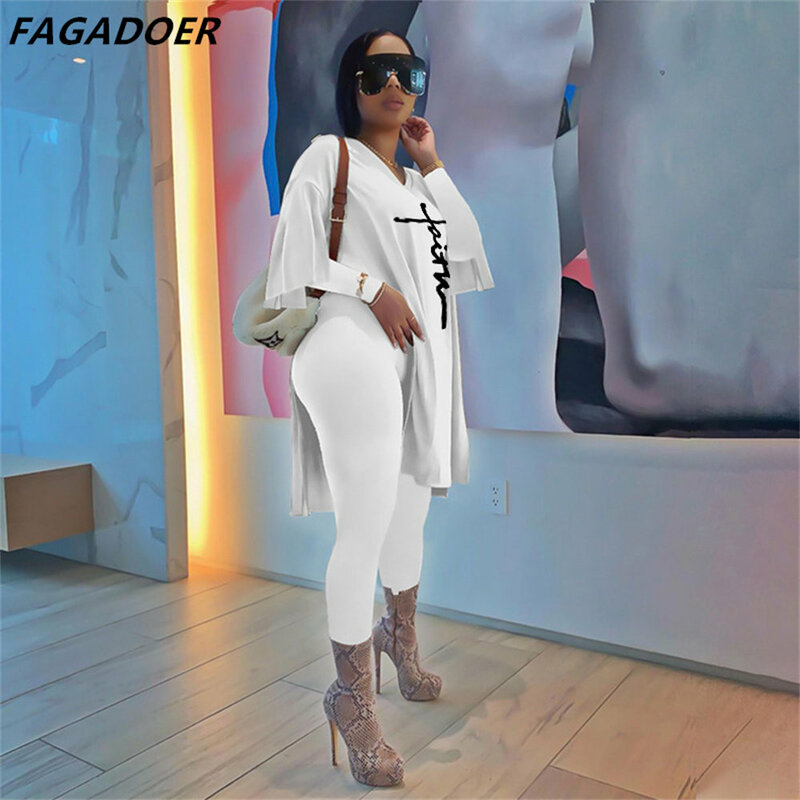 FAGADOER-캐주얼 2 피스 의상 여성용, 프릴 사이드 슬릿 롱 탑 + 레깅스 스트리트웨어 매칭 세트, 운동복 가을 2021