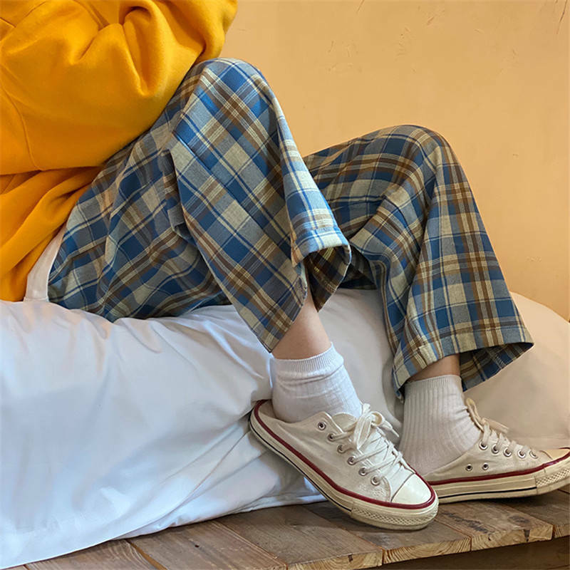 Celana Rumah Bawah Tidur Wanita Pakaian Rumah Piyama Panjang Pergelangan Kaki Kotak-kotak Lebar-kaki Nyaman Elastis Piyama Kebesaran Vintage