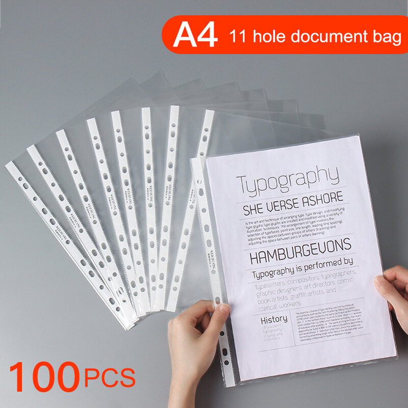 Carpetas con bolsillos perforados de plástico A4, protectores de hoja de documentos de hojas sueltas, bolsa transparente para limar, 11 agujeros, 100 Uds.