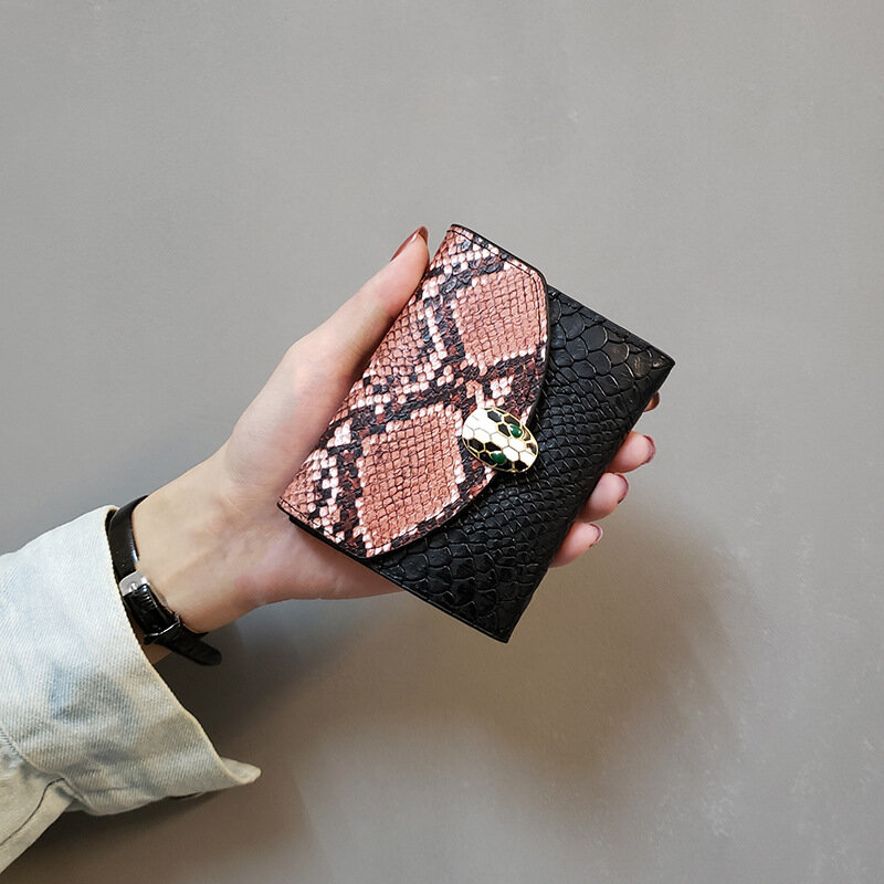 Nova splicing cobra padrão carteira pequena bolsa feminina carteira curta moda moeda bolsa