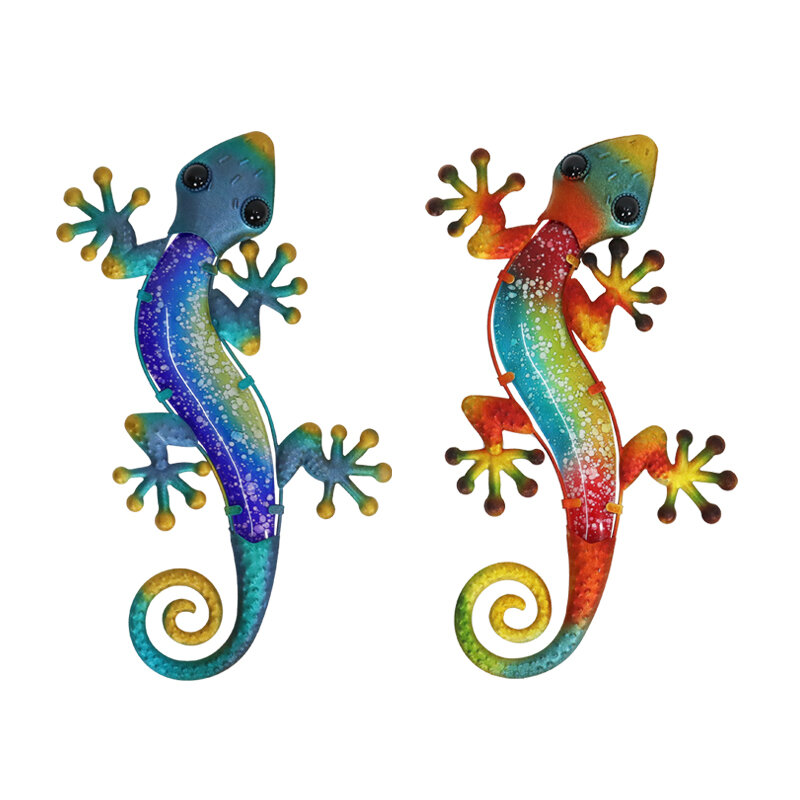 Arte de pared de Metal Gecko con vidrio para decoración de jardín del hogar y estatuas en miniaturas, adornos para exteriores, Juego de 2