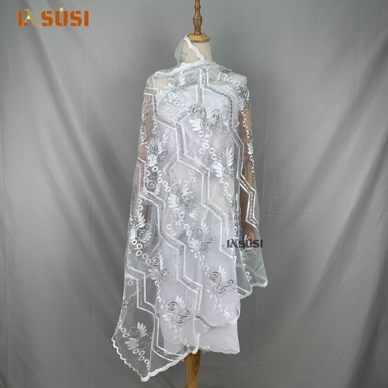 2021 New African Women Tulle Scarf Good Quality Plain Embroidery with Stones Soft Net Scarf for Headscarf Wraps LA116