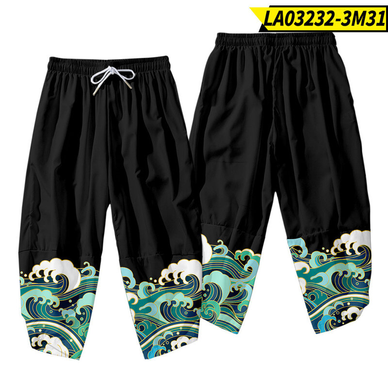 남자 블랙 크레인 파도 프린트 기모노 유카타 아시아 옷 중국 스타일 카디건과 바지 정장 셔츠 전통 기모노 하오리