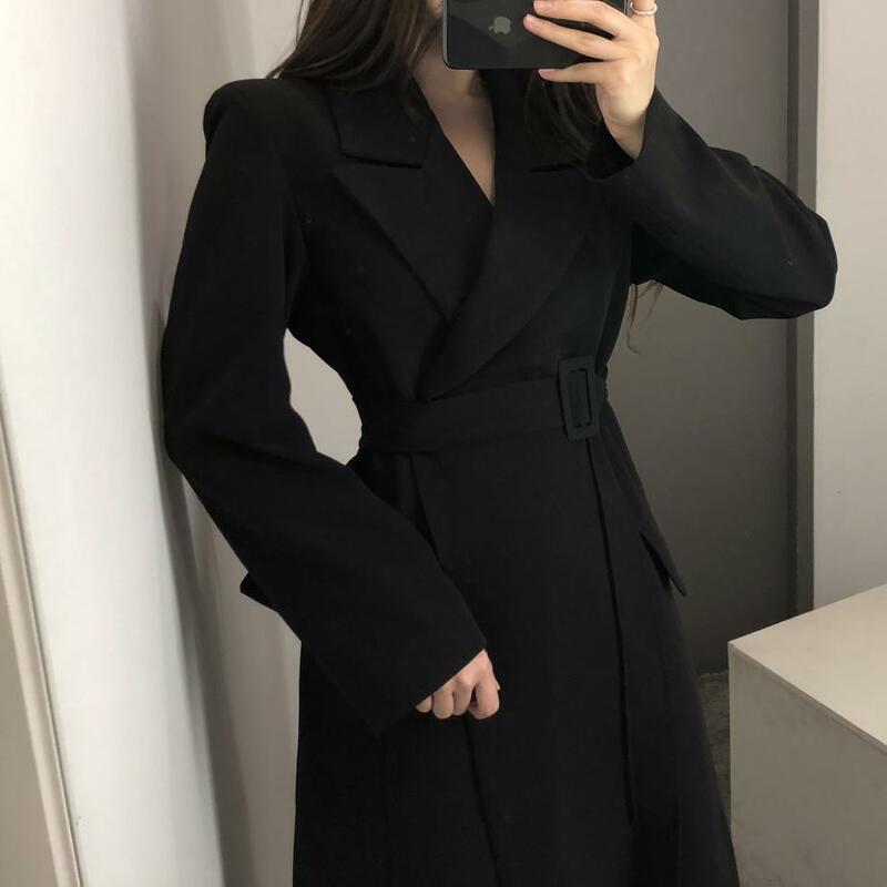 Moda nova casual estilo francês elegante lapela cintura closing terno casaco