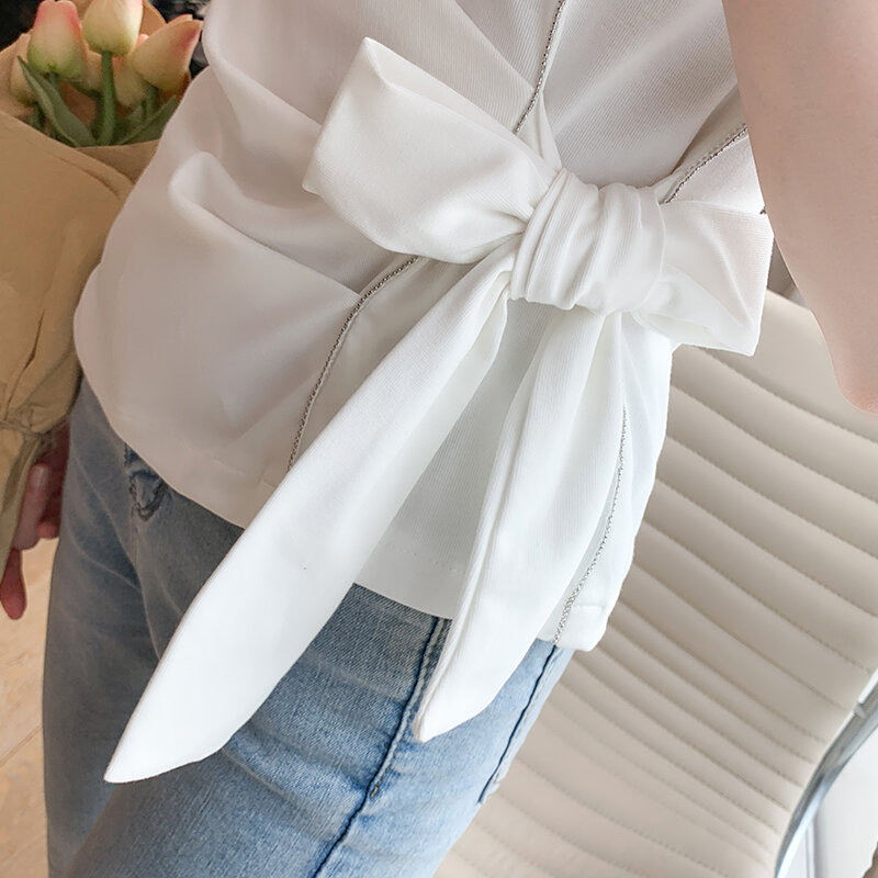 بلوزة قميص نسائي شيفون بخصر فيونكة وأكمام قصيرة ملابس نسائية موضة 2021 بلوزة ذات ياقة دائرية وطيات قمصان