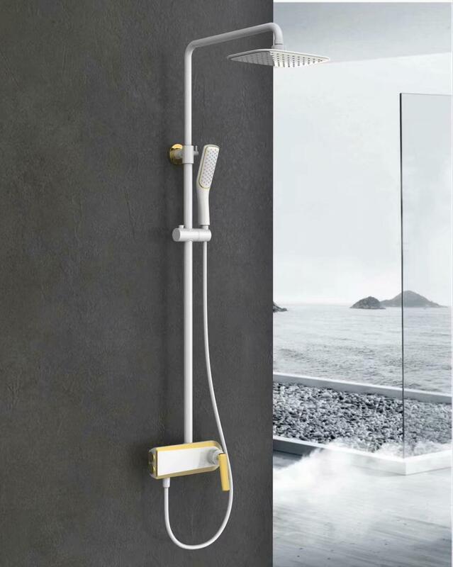 VOURUNA 고급스러운 노출 된 욕실 샤워 꼭지 정착물 키트 화이트 & 블랙 & 골든에 handshower와 벽 마운트 샤워 시스템