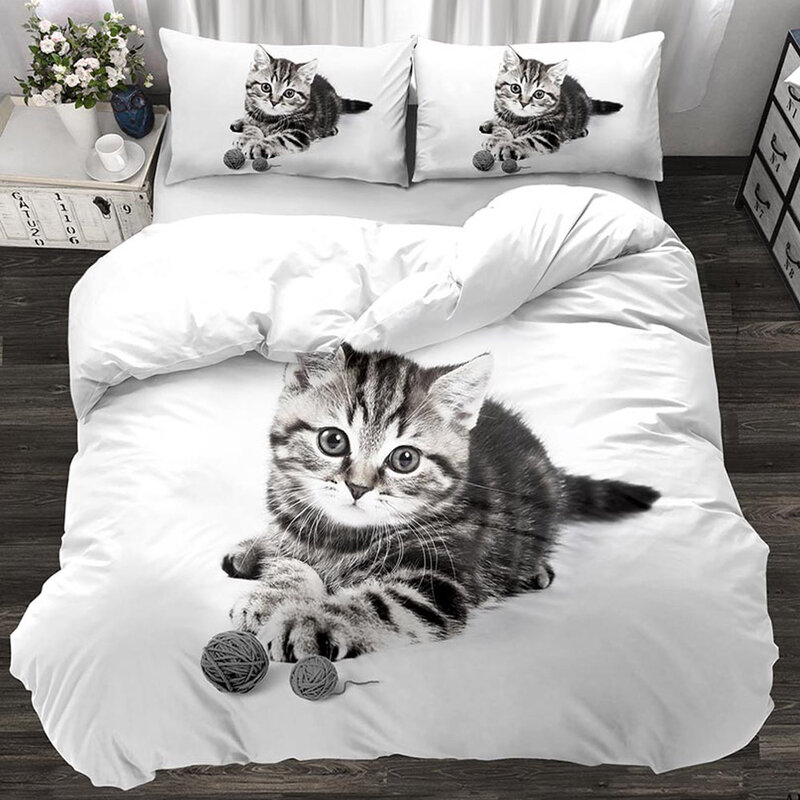Set Tempat Tidur Kustom Kucing Hitam Peliharaan Kawaii 3d Set Sarung Selimut Duvet Anak Kucing Sarung Bantal 3 Buah Set Tempat Tidur Desain Kembar Selimut Tunggal
