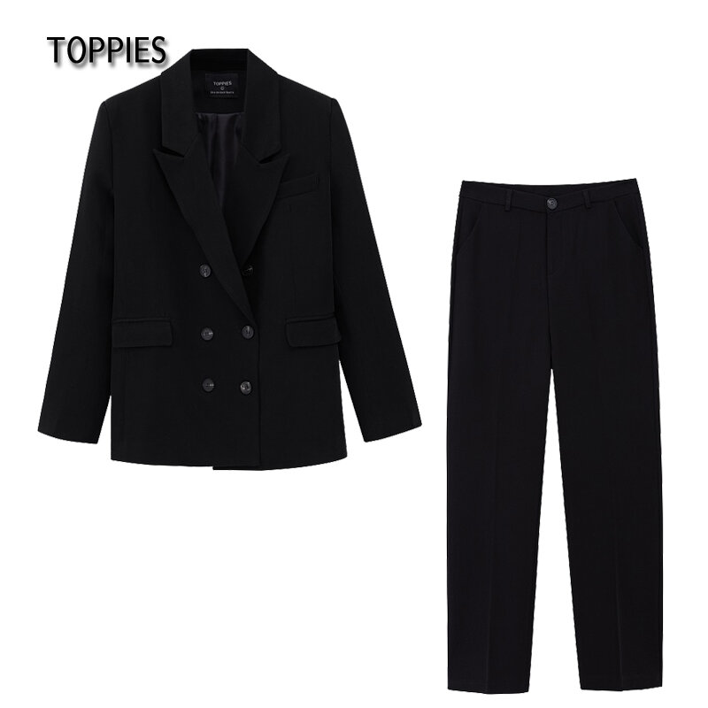 Toppies 2021ฤดูใบไม้ผลิ Blazer + กางเกงสุภาพสตรีชุดสตรี Double Breasted เสื้อสูงเอวกางเกง
