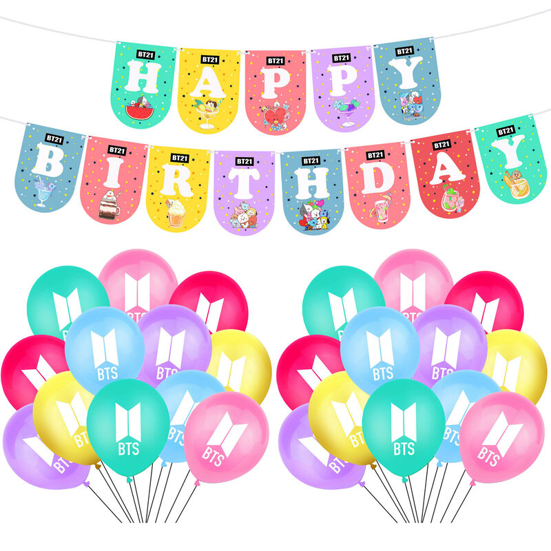 Birthday Latex Balloons Banner Bangtan Boys Cake topper Happy Birthday Shower Birthday Party Decor Hanging Bunting Kids Favors
