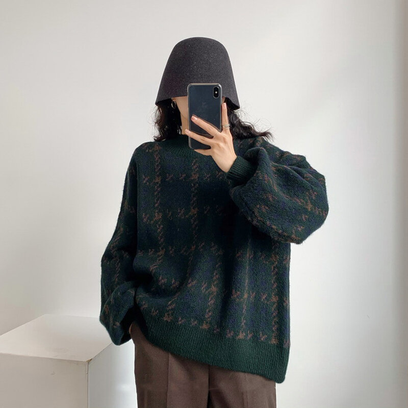 Damski jesienno-zimowy sweter dorywczo mody podmiejskich Trend w stylu z długimi rękawami sweter w ciemnym kolorze pulower z okrągłym dekoltem