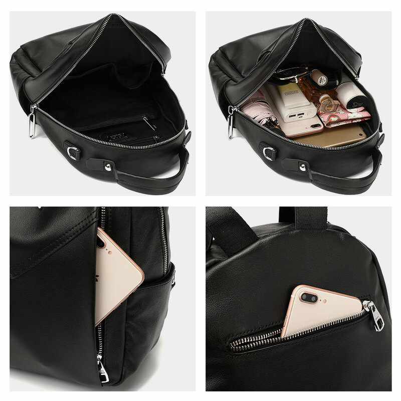 Zency 2021 Black Winter Genuine Leather Backpack For Women Fashion Travel School Satchel Bag Girl Casual Designer Shoulder Lady
