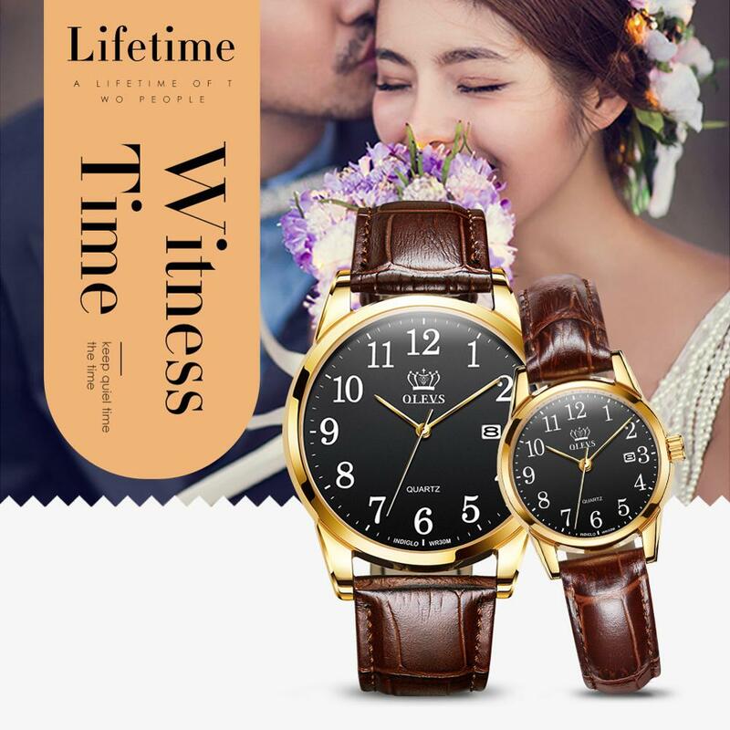OLEVS par de relojes de marca superior de cuero Correa relojes para hombres mujeres de lujo impermeable reloj Casual de mujer Lovers reloj de hombre