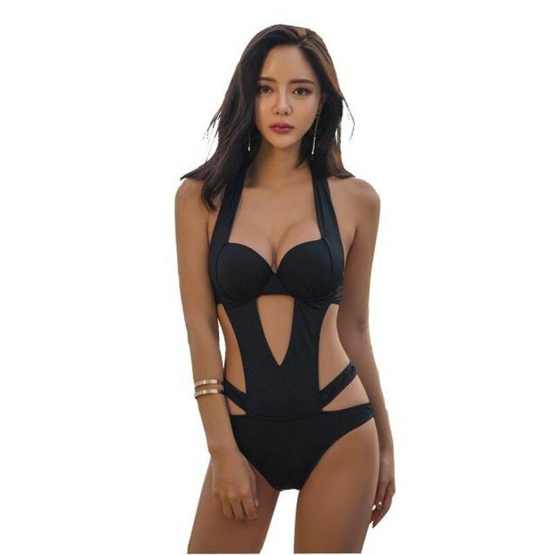 One-piece Summer Sexy Triangle Swimsuit Ladies Black Hollow Swimsuit Steel Support Small Chest Gathered Big Backless Swimsuit
