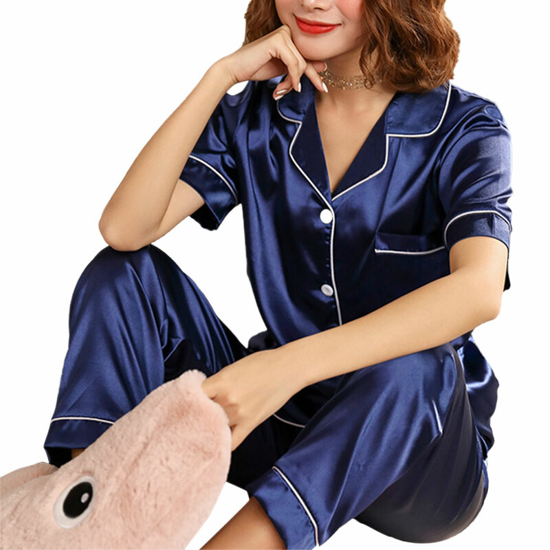 Women&#39;s Satin Pajamas Set Short Sleeve Lapel Single Breasted Top + Elastic Waist Pants Women&#39;s 2-piece Home Set