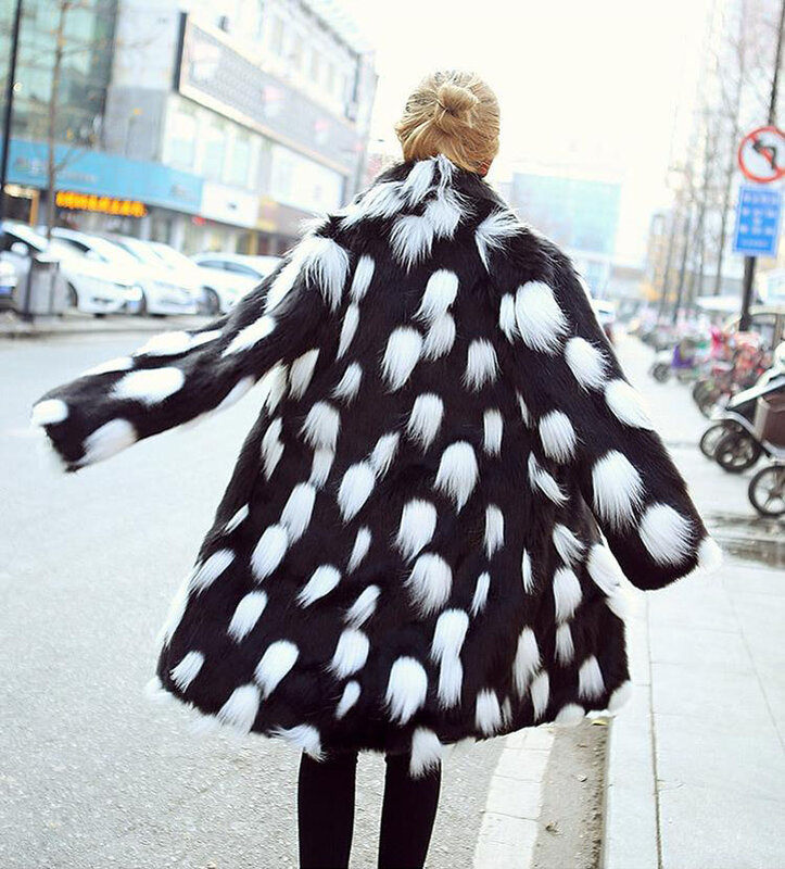 Mantel Bulu Palsu Wanita Musim Dingin Baru Kerah Lipat Jaket Bagian Panjang Perempuan Titik Hitam Putih Mantel Bulu Rubah Imitasi D628