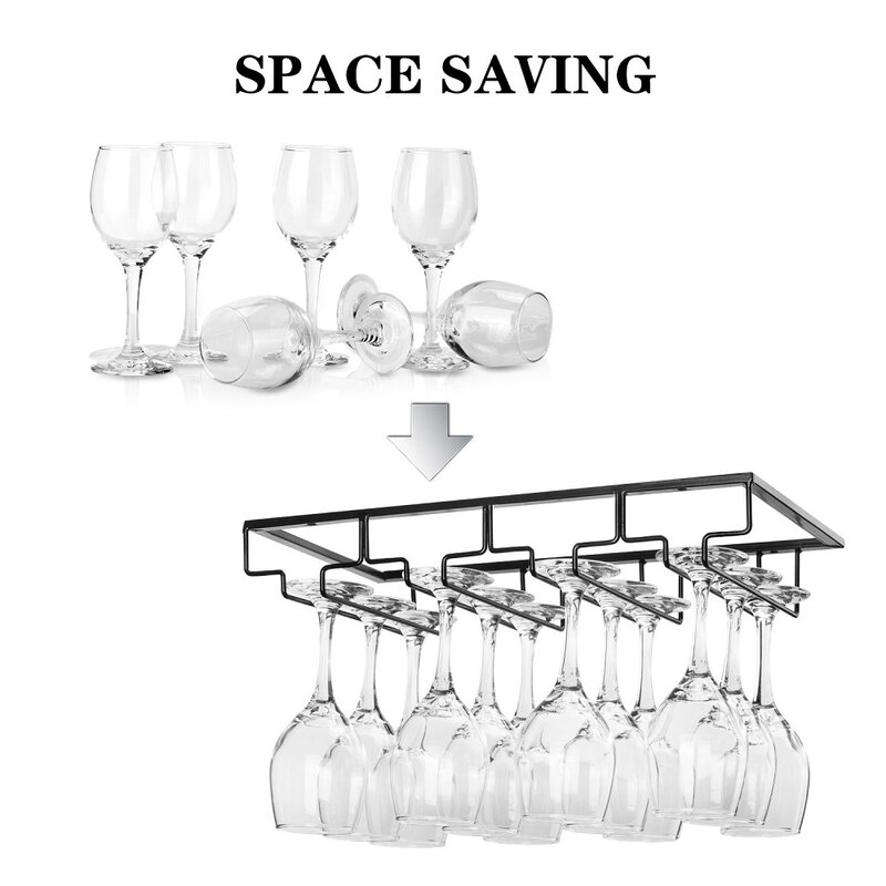 Suporte de vidro de vinho, rack-sob o armário, suporte de vidro de vinho, cabide, organizador de metal para bar, cozinha, preto, 4 fileiras