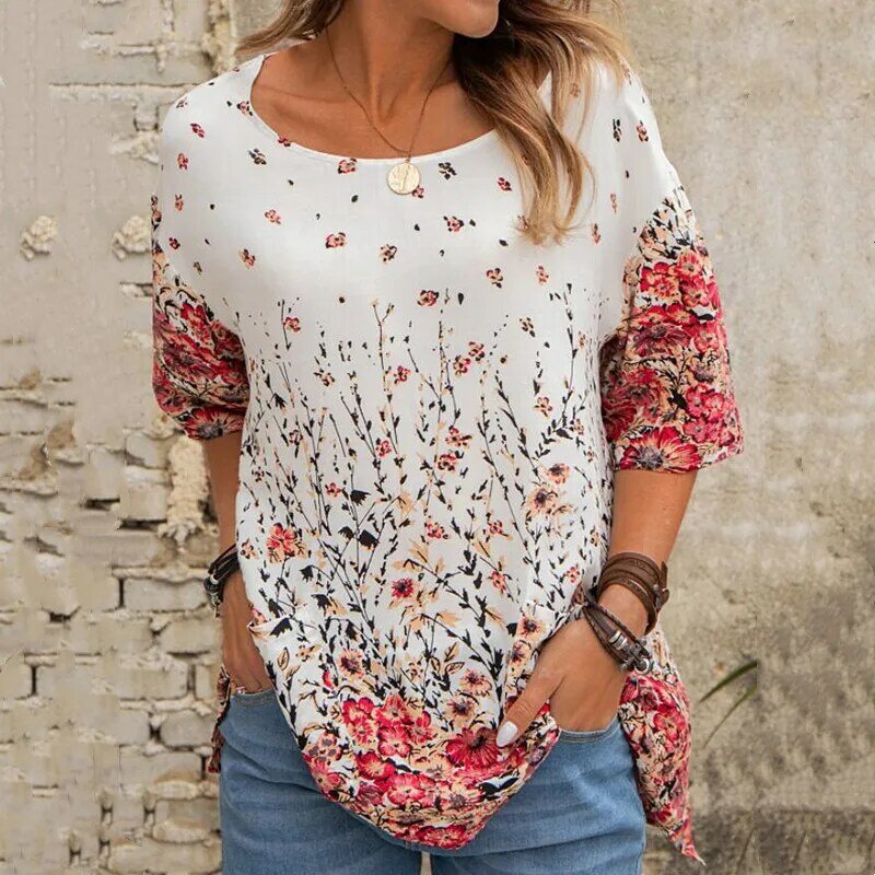 2021 nova moda o-pescoço floral imprimir solto camisa feminina blusas casual streetwear meia manga plus size 3xl verão senhoras topos