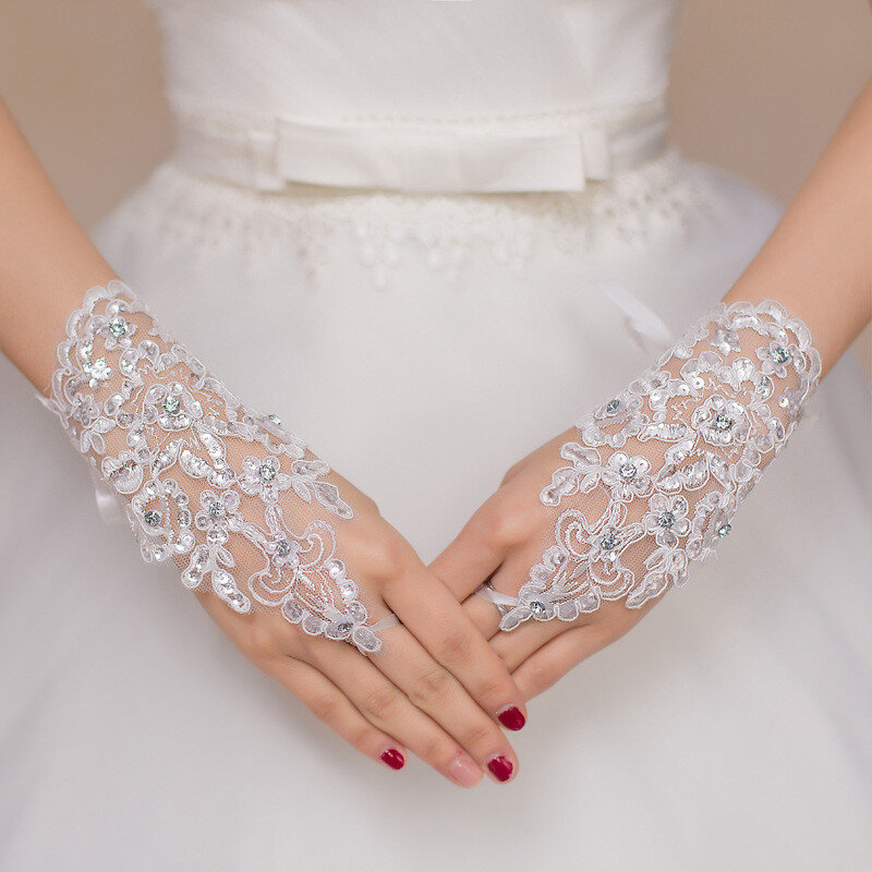 SeeThrough Beaded Short Lace Bridal Gloves 2021 Fingerless Wedding Gloves White Ivory Wedding Accessories For Bride