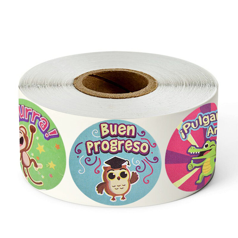 Hewan Hadiah Stiker Roll 1 Inci Lucu Kata-kata Spanyol Segel Label untuk Sekolah Hadiah Anak-anak Mainan Hadiah Stiker Kartun 500 buah
