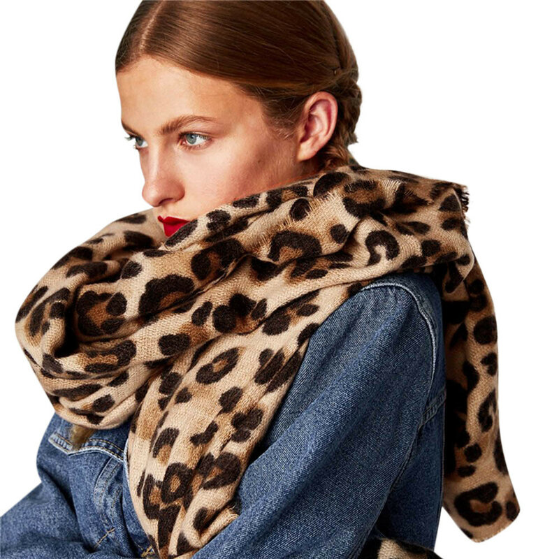 ออกแบบผ้าพันคอ 2019 ฤดูหนาวเสือดาวพิมพ์ยาวขนสัตว์ผ้าคลุมไหล่ผ้าพันคอคอยาวผู้หญิงห่อ Foulard Femme