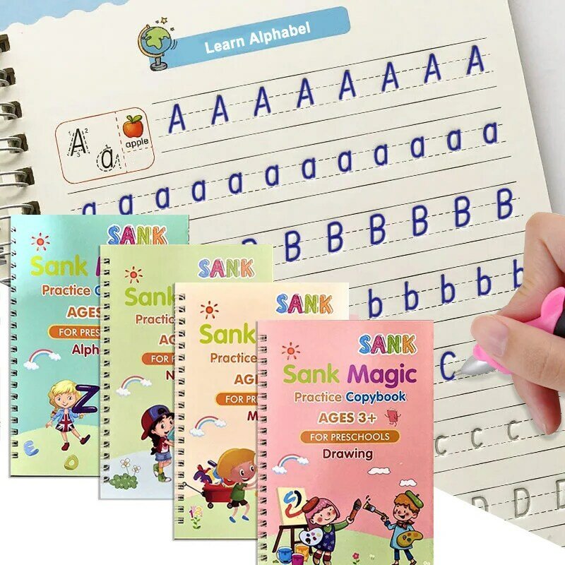 Ensemble de cahiers de calligraphie magique pour enfants, 4 cahiers de nettoyage, livre d'art pour bébé, écriture manuscrite, jouet de lettrage anglais
