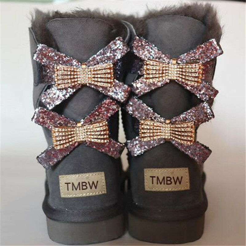 2021 moda dois arcos real pele de carneiro mulher inverno botas de neve meados de bezerro genuíno botas femininas sapatos femininos