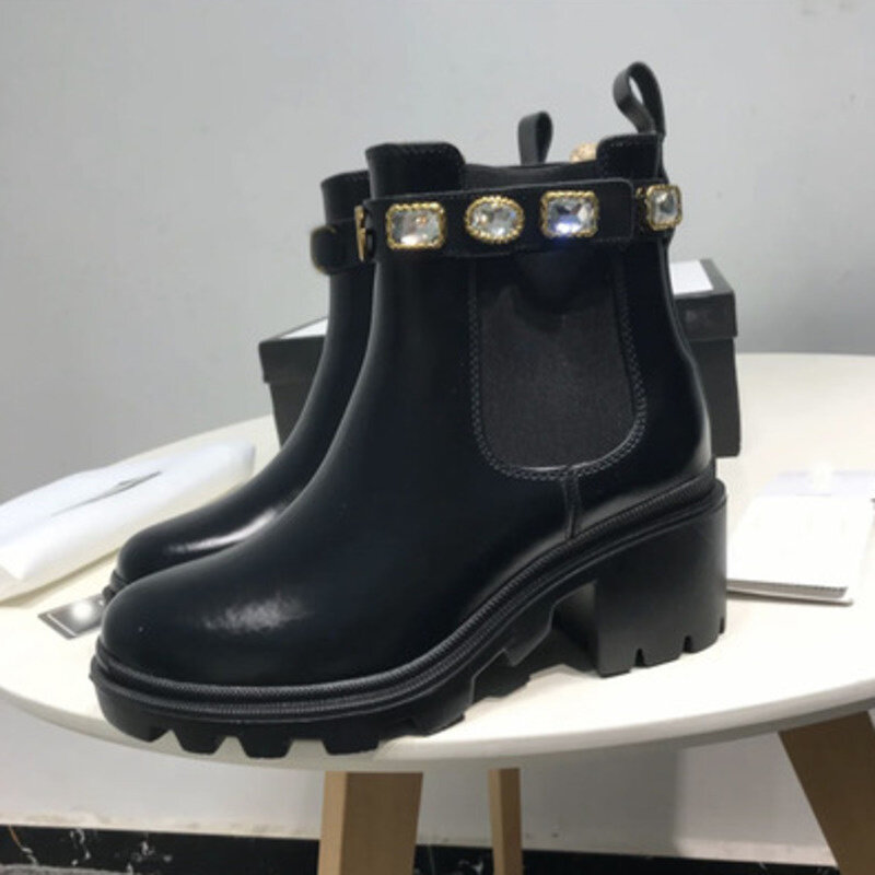 Женские ботильоны на толстом каблуке, черные ботинки челси из натуральной кожи, со стразами, короткие ботинки на платформе, зима 2022
