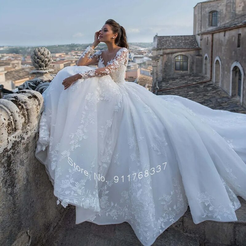 Vestidos De Novia 긴 소매 공 가운 웨딩 드레스 진주 아플리케 패션 로브 드 Mariage Backless Hochzeitskleid