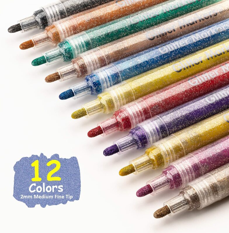 Flysea 12สี Glitter Metallic Marker ปากกาชุด Shimmer Paint Markers ปากกาวาดบัตรอวยพรโปสเตอร์เด็กวารสารที่มีสีสัน