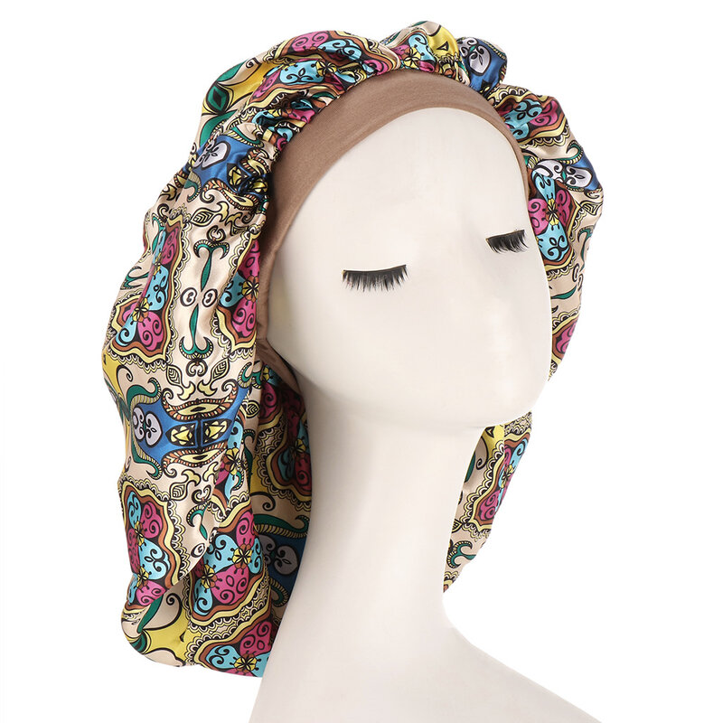 New Women Large Satin Bonnet Silk Sleep Night Cap Head Cover Bonnet Headwrap Hat Hair Wrap Accessories Print Satin Night Hat
