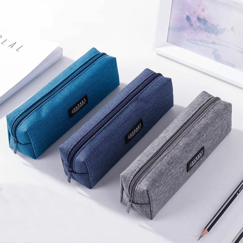 Canvas Blue Pencil Case Solid Color Stripes Simple Pencil Bags For Student New Stationery School Supplies Kids Gift