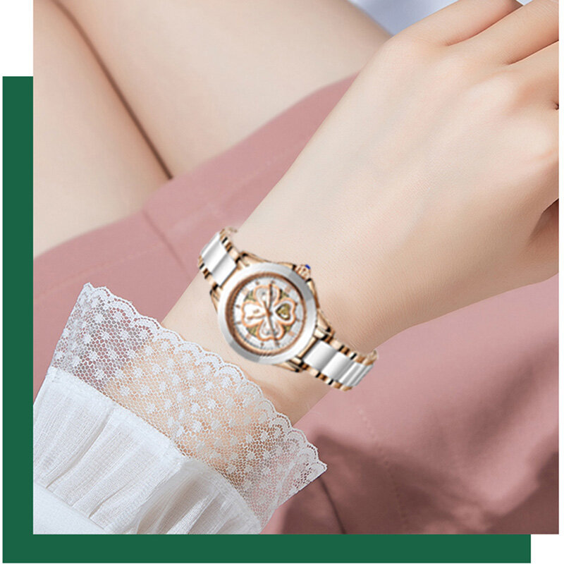 サンクタ-女性用クォーツ時計,耐水性,ファッショナブル,セラミックブレスレット,女の子用時計