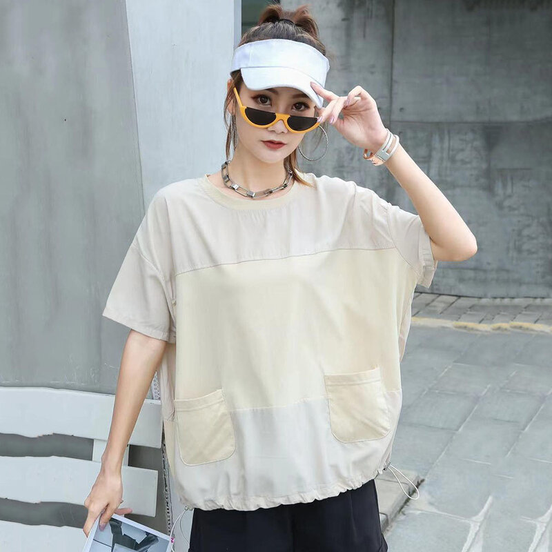 Camiseta holgada informal de Color liso para mujer, camiseta sencilla con cuello redondo, cordón de bolsillo, estilo japonés, novedad de verano 2021