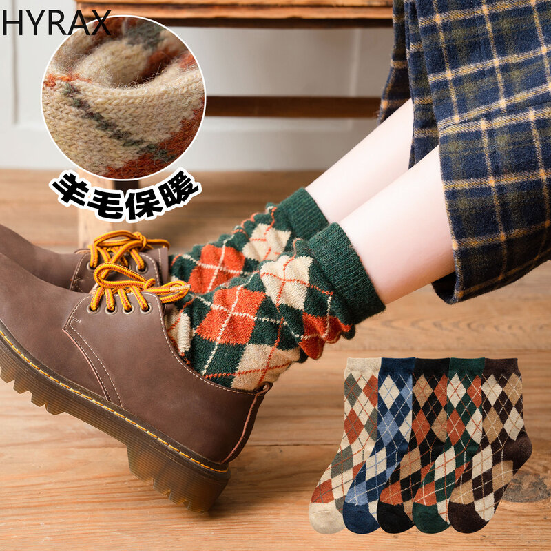 HYRAX النساء الجوارب رشاقته الدافئة اليابانية ريترو كومة الجوارب اليابانية منقوشة جوارب من الصوف. الاتجاه كومة الجوارب