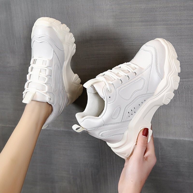 Sneakers Kulit Wanita Hak Datar Sepatu Kasual Wedges Modis Sneakers Platform Berenda Sepatu Wanita Musim Semi Sejuk KS2021