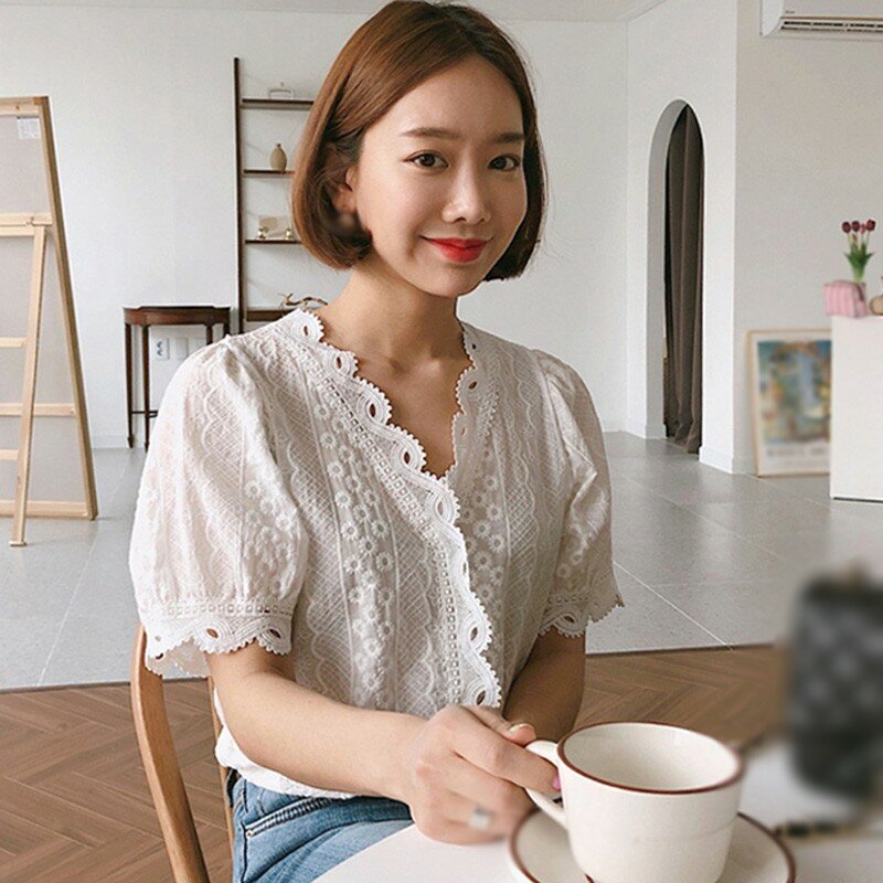 OL Style-camisa blanca para mujer, camisa de encaje calada, informal, sencilla, con cuello en V, blusa de manga corta