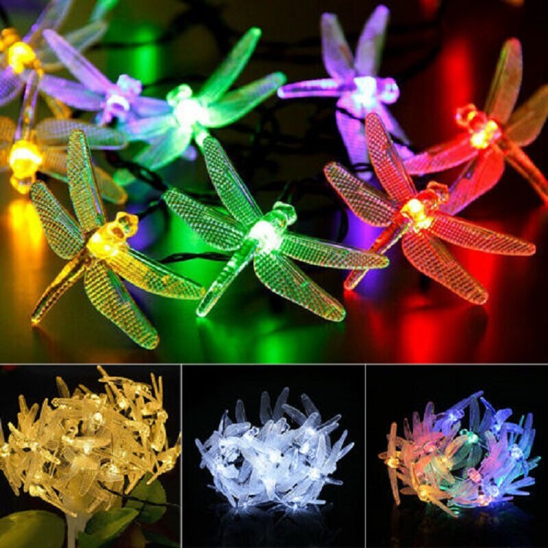 20 LED Solar Dragonfly String Lights Waterproof Outdoor Garden Party Fairy Lamp HalloweenWedding Decorations for Home Outdoor