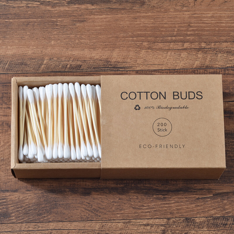 Plastic-Free 200Pcs/Box Double Head Bamboo Cotton Buds Adults Makeup Cotton Swab Wood Sticks Nose Ears Cleaning Health Care Tool