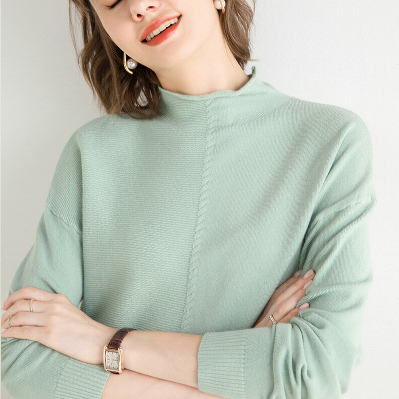 Jesień nowy sweter kobiet luźny jednolity kolor długi rękaw najniższy pulower z golfem odzież wierzchnia sweter ubrania dla kobiety