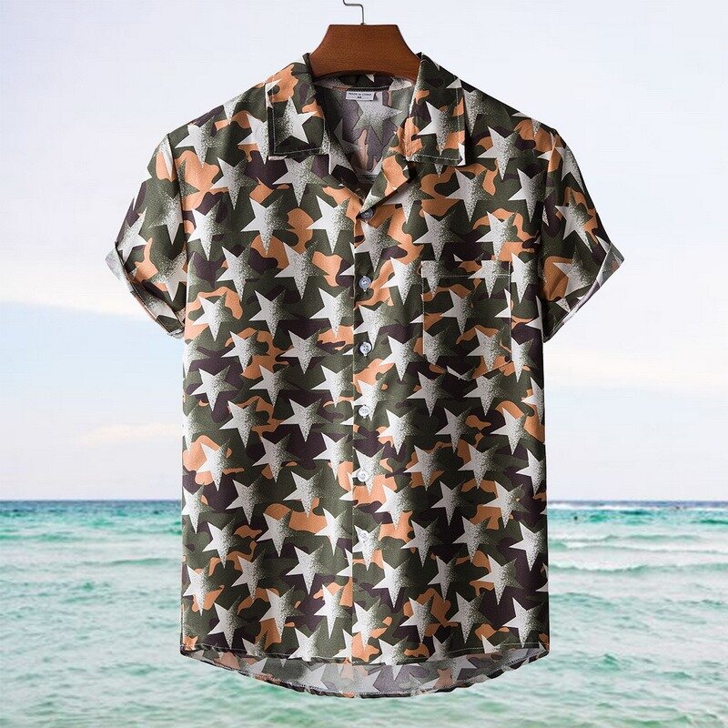 Verão camisa havaiana impressão geométrica manga curta lapela pescoço botão casual praia camisas masculino 2021 streetwear