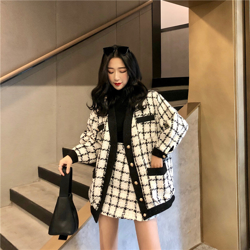 2021 outono inverno moda 2 peça conjunto feminino manga longa tweed casaco de lã + mini saia de lã conjunto senhoras conjuntos de roupas vintage
