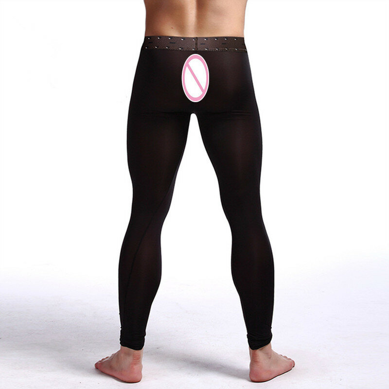 ผู้ชายเซ็กซี่ Ultra Thin โปร่งใสผ้าไหมน้ำแข็งกางเกง Mens Lounge กางเกงเข็มขัดชุดนอนเซ็กซี่แฟชั่น