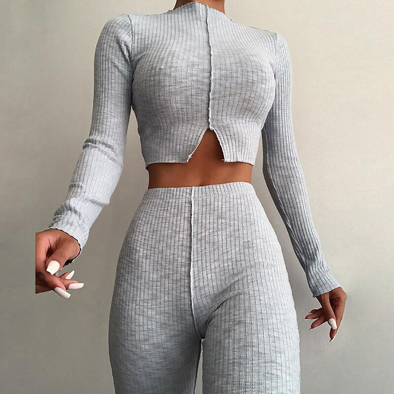 Autumn Long Sleeve Round Neck Top And Stacked Pants Two Piece Set Women Gray Casual Street Tracksuit Elastic Skinny Outfits